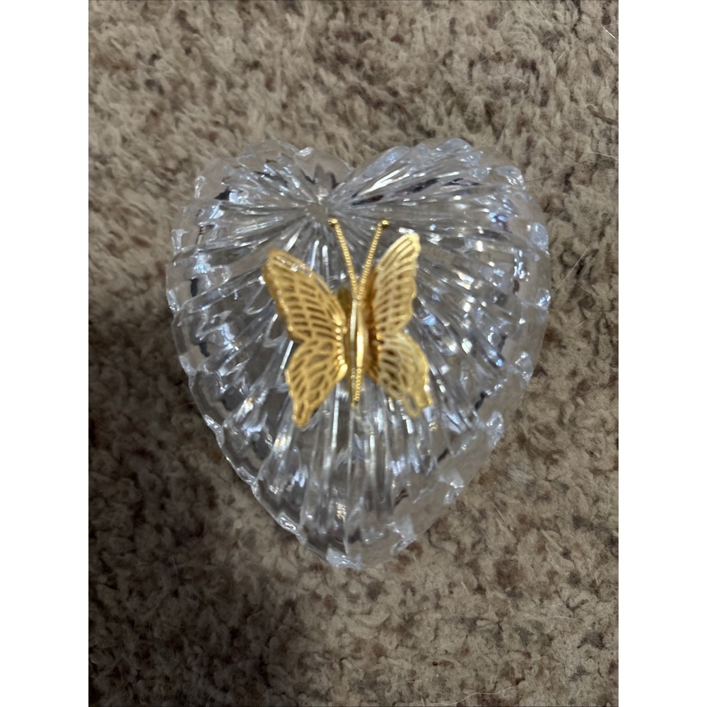 Glass Heart Trinket Box with Gold Butterfly By Lefton